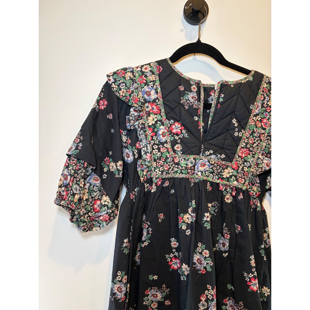 Hunter Bell New York Floral Quilted Ruffle Mini Dress Black Cotton XS - Picture 5 of 10